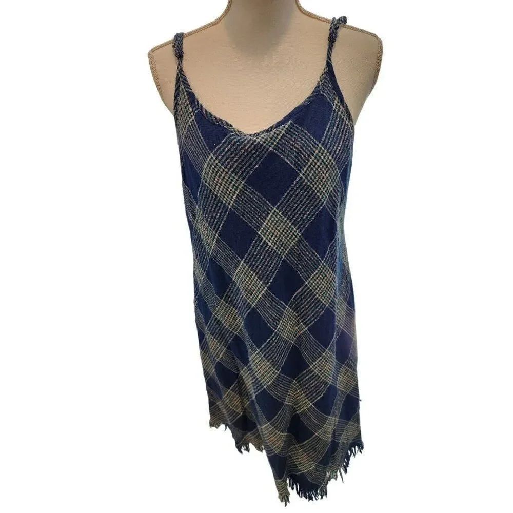 Natural Reflections Blue Plaid Lined Slip Dress XL Grunge Fringe
